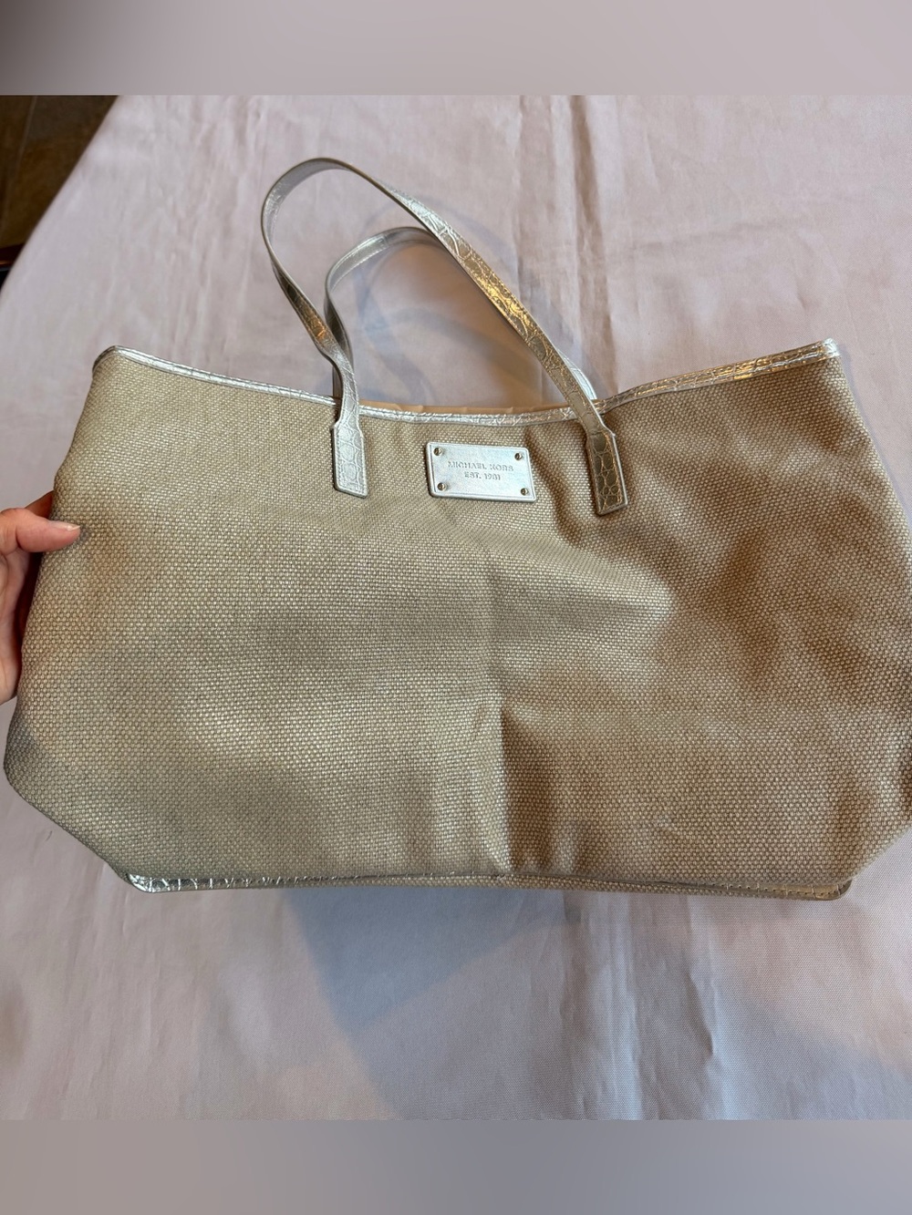 Michael Kors Chic Cotton Tweed Tote with Croc-Embossed Silver Leather & Logo